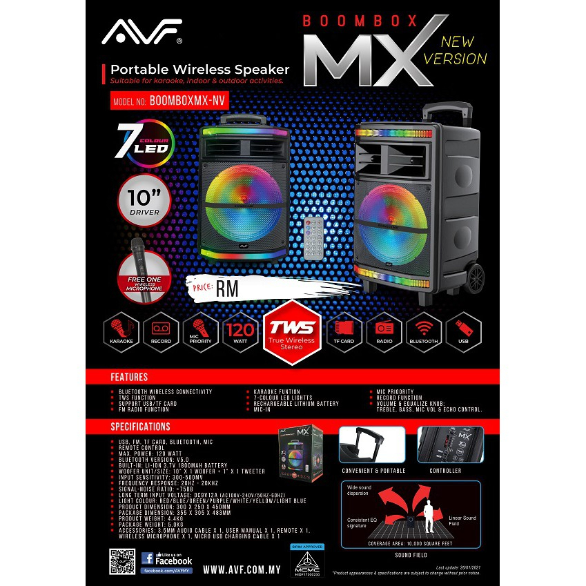 AVF BOOMBOX-MX pembesar suara BLUETOOTH mudah alih dengan fungsi KARAOKE TWS AUX USB TF kad FM percuma Mic