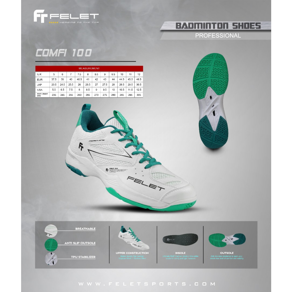 FELET Badminton Shoes COMFI 100 FREE SOCK & T-Shirt