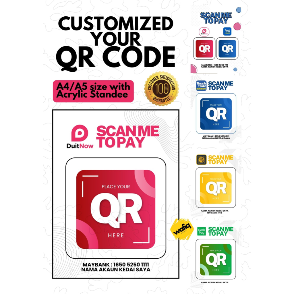 #1 CUSTOMIZED QR Code on ACRYLIC STAND A4 A5 A6 TOUCH&GO MAE DUITNOW