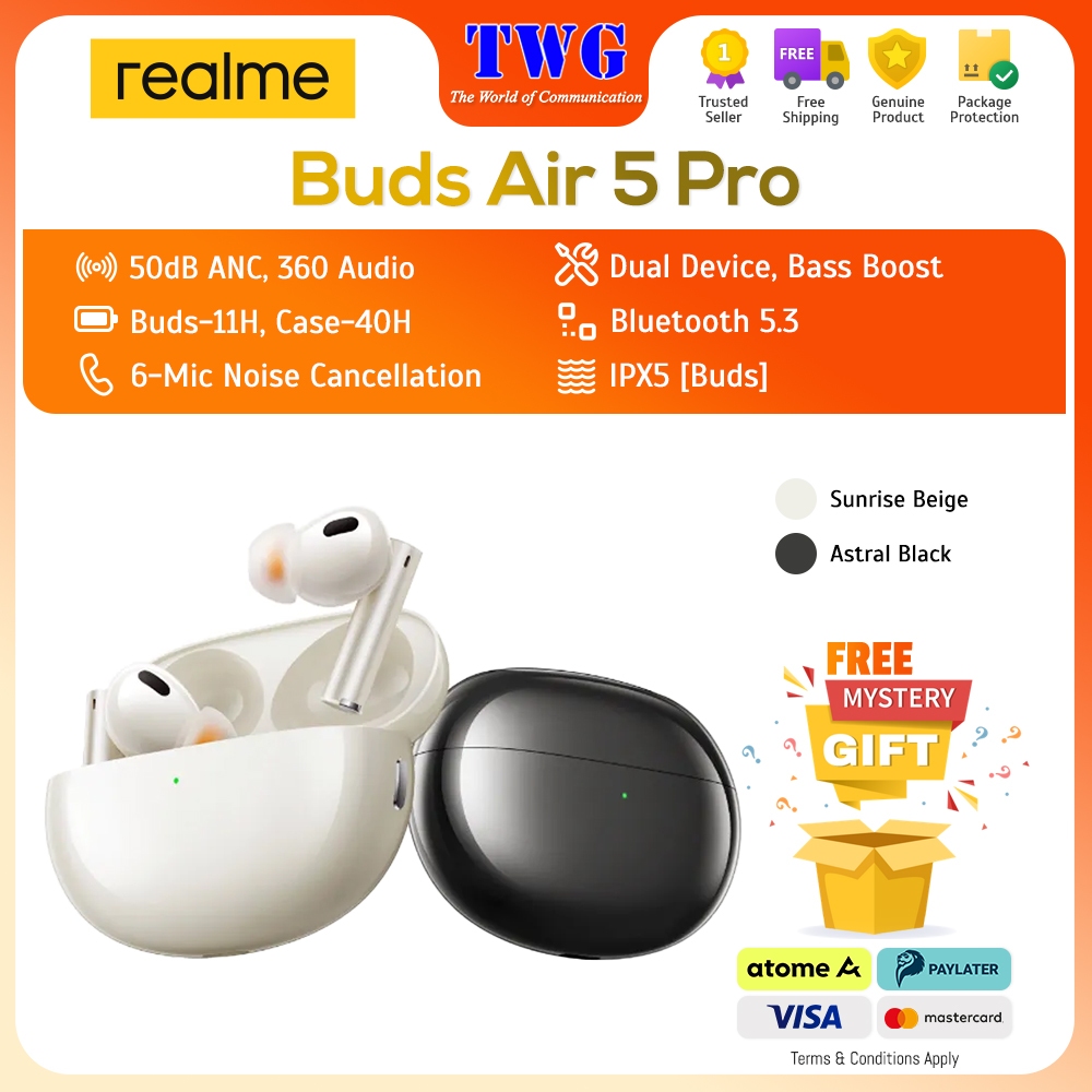 [Original] realme Buds Air 5 Pro - realBoost Dual Drivers | 50dB Active Noise Cancellation | Up to 40 Hours of Playback