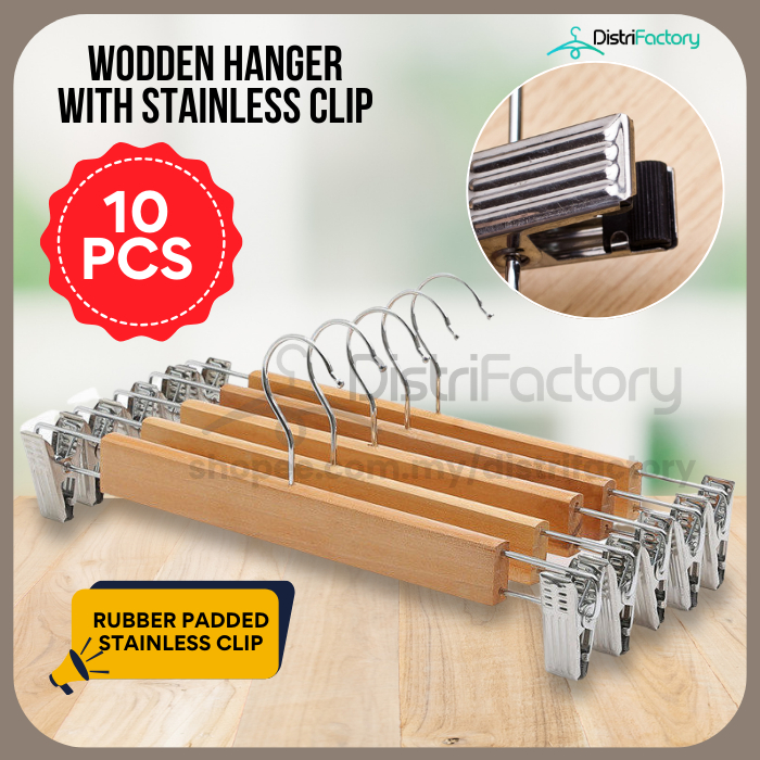 10 Pcs Korean Style Boutique Solid Wooden Hanger Baju Pant Trouser Hanger Kayu With Clips (Thicker Version)