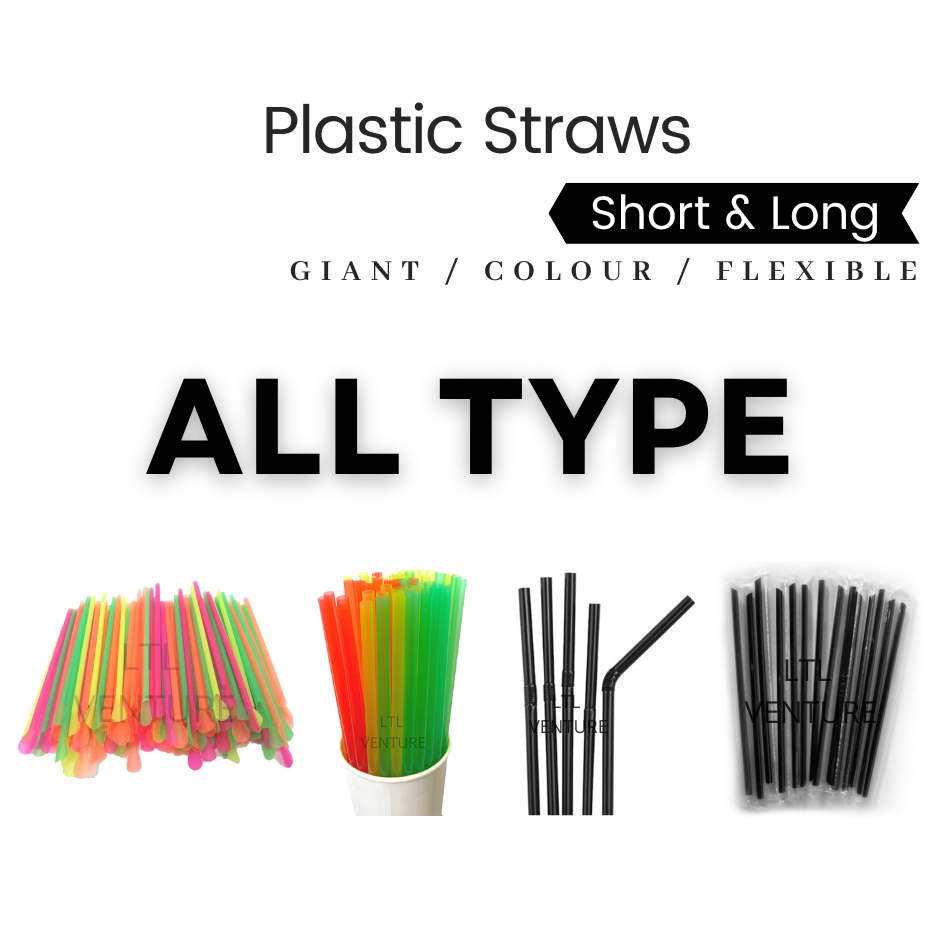Giant/Individual Packing/Flexible Straw/Short & Long/Spoon Straw/Colour Black/Disposable Plastic Straws - 7"/8"/9" inch