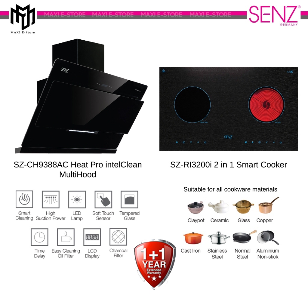 Senz SZ-CH9388AC Chimney Cooker Hood + SZ-RI3200i 2 in 1 Smart Cooker Hob + Induction