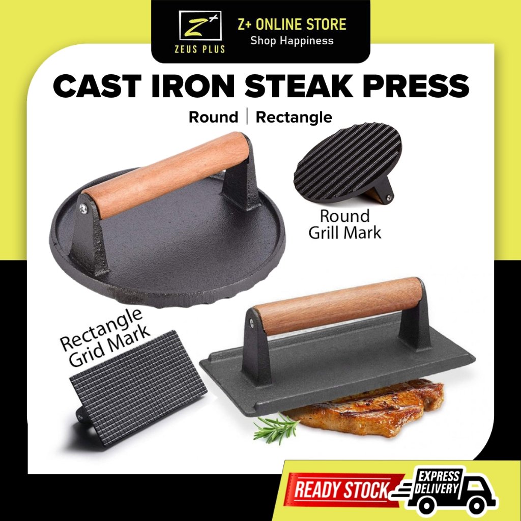 ZPLUS Heavy Duty Cast Iron Grill Press Steak Press Bacon Press Wood Handle Meat Burger Smasher Press BBQ Accessories