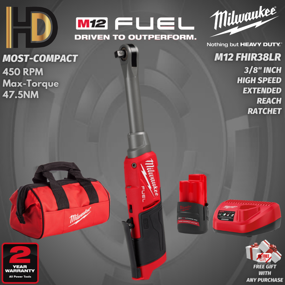 Milwaukee M12 FHIR38LR Fuel 3/8" Extended Long Reach Ratchet / Brushless Motor / 47.5Nm Max Torque / 2 Year Warranty