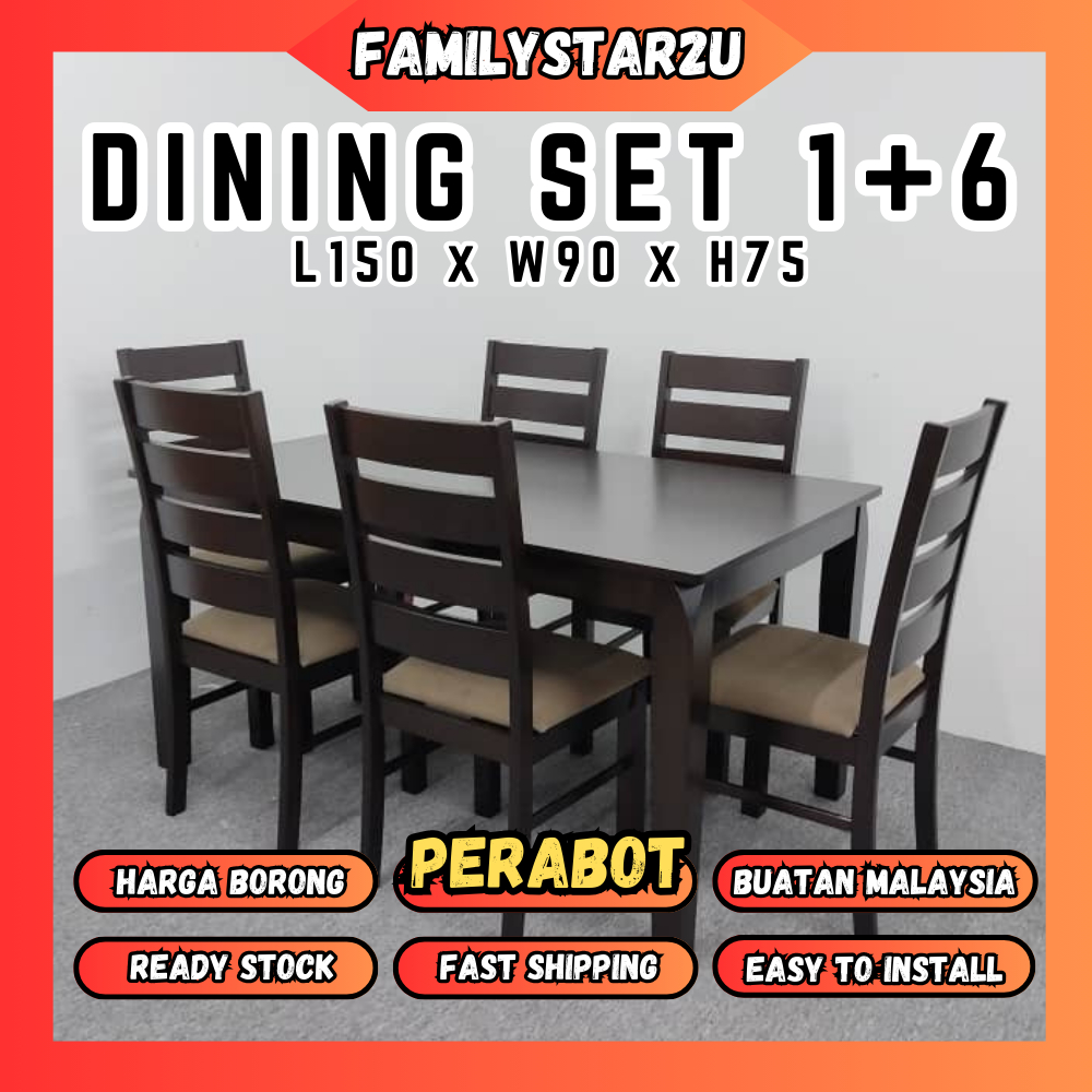 Familystar2u - 3134 High Class Dining Table Set 150x90cm Meja Makan 6 Orang Set Meja 1+6