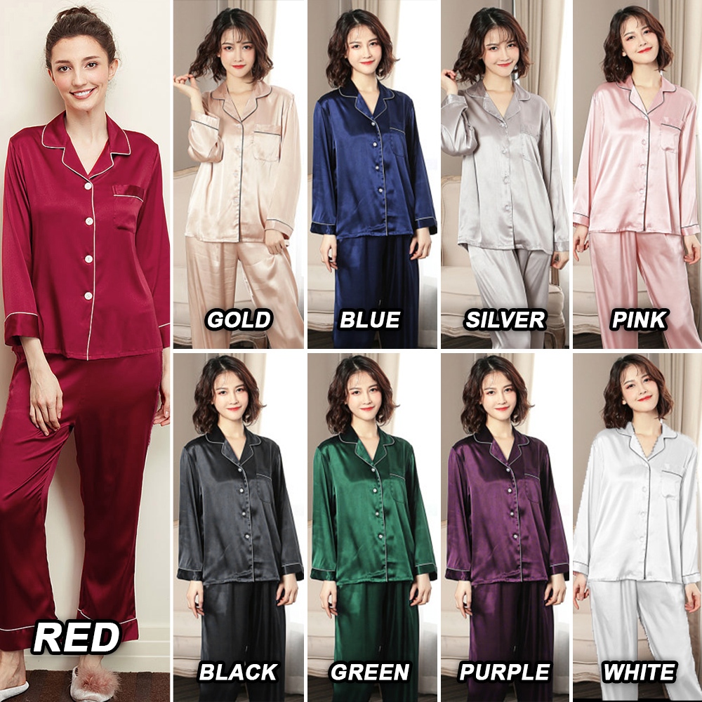 [MYSIA READY STOCK][M-2XL][PANDORA Silk Satin Pajamas Set Unisex Long Sleeve Sleepwear Baju Tidur wanita perempuan]