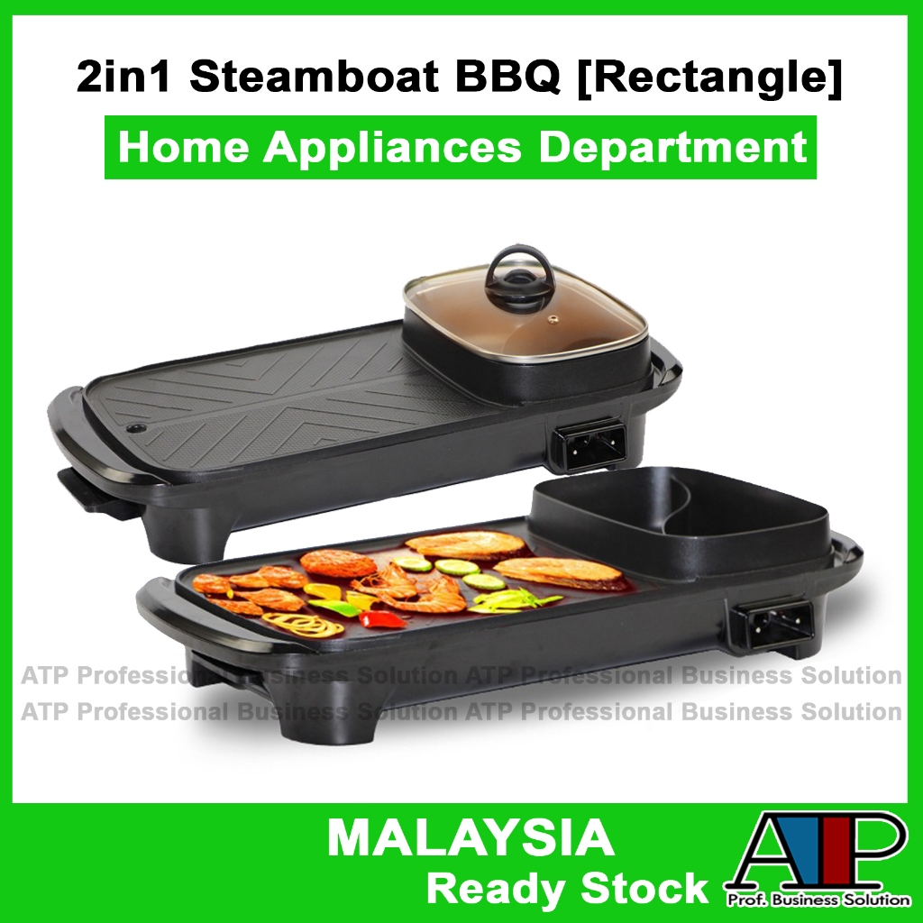 Outdoor🏕️ 2in1 Steamboat BBQ [Rectangle] 2in1 Electric Multi Cooker Barbecue Pan Hot Pot Cooker Electric Griddle