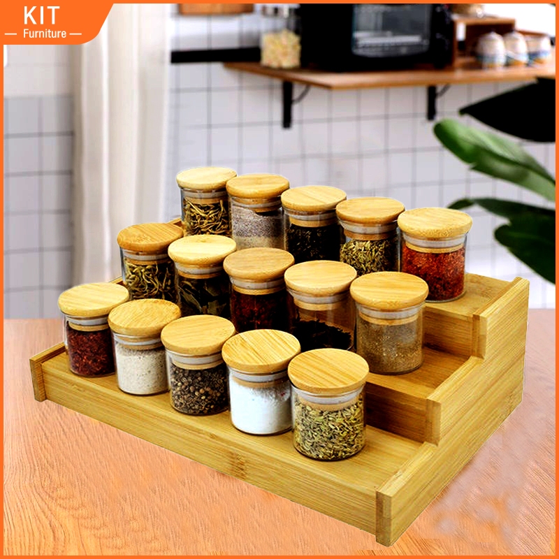 KIT Furniture 10Pcs Glass Jar Set Seasoning Bottle Bamboo Rack Wooden Stand Rack Spice Organizer