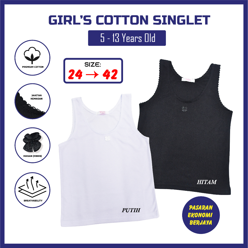 SINGLET PEREMPUAN PUTIH/HITAM 1302# KIDS AND TEENAGERS SINGLET MASA PEMBANGUNAN REMAJA BUDAK WANITA PEREMPUAN