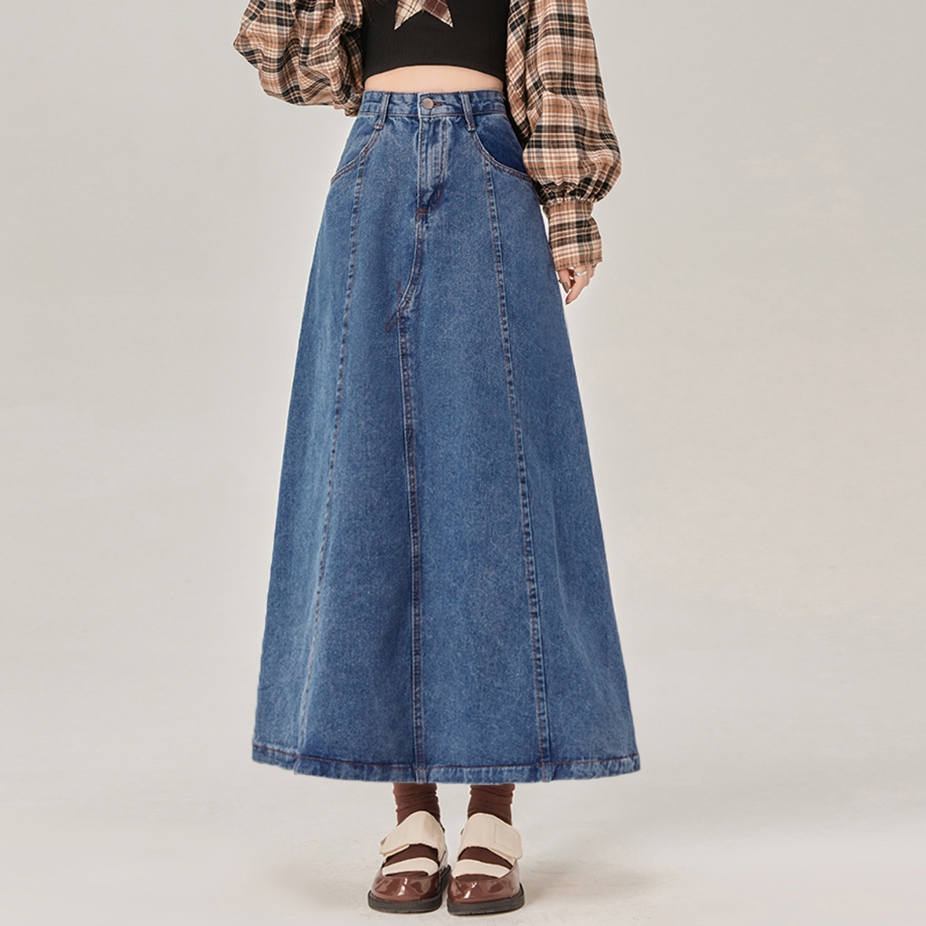 Clashe Long Skirts Plus Size Fold Versatile Women Retro Simple Korean Style Denim A-Line Skirt