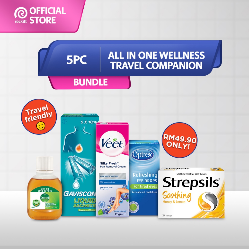 All in One Wellness Travel Companion (Travel size Gaviscon, Strepsils, Optrex, Veet, Dettol)