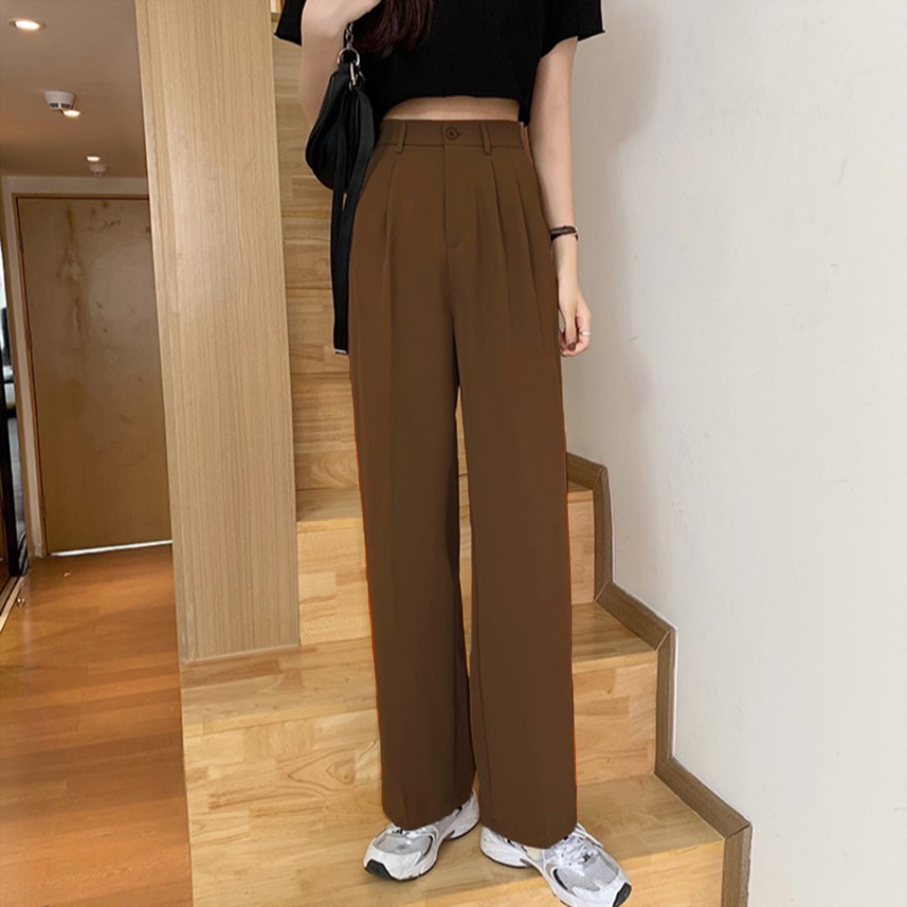 MAYA Korean Style Women Straight Leg Long Pants Suit Pants High Waist Elastic Waist