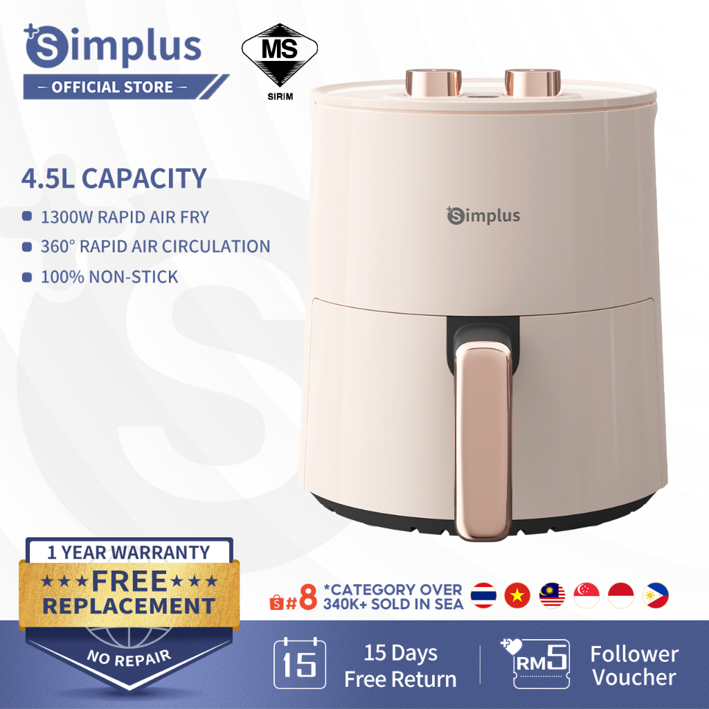 Simplus 4.5L 1300W Air Fryer Temperature Control 6 Preset Menus Non-Stick Coating 360° Hot Air Circulation Simple Knob