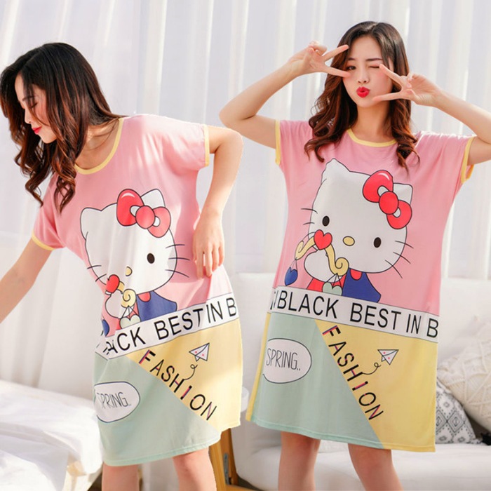 Plus Size Cartoon Pyjamas Baju Tidur Rumah Comfortable Short Sleeves Round Neck Dress Cartoon Sleepwear D