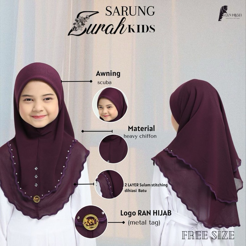 Zurah Kids | Tudung Sarung Sulam Budak | 2 Layer | Chiffon Premium | Instant