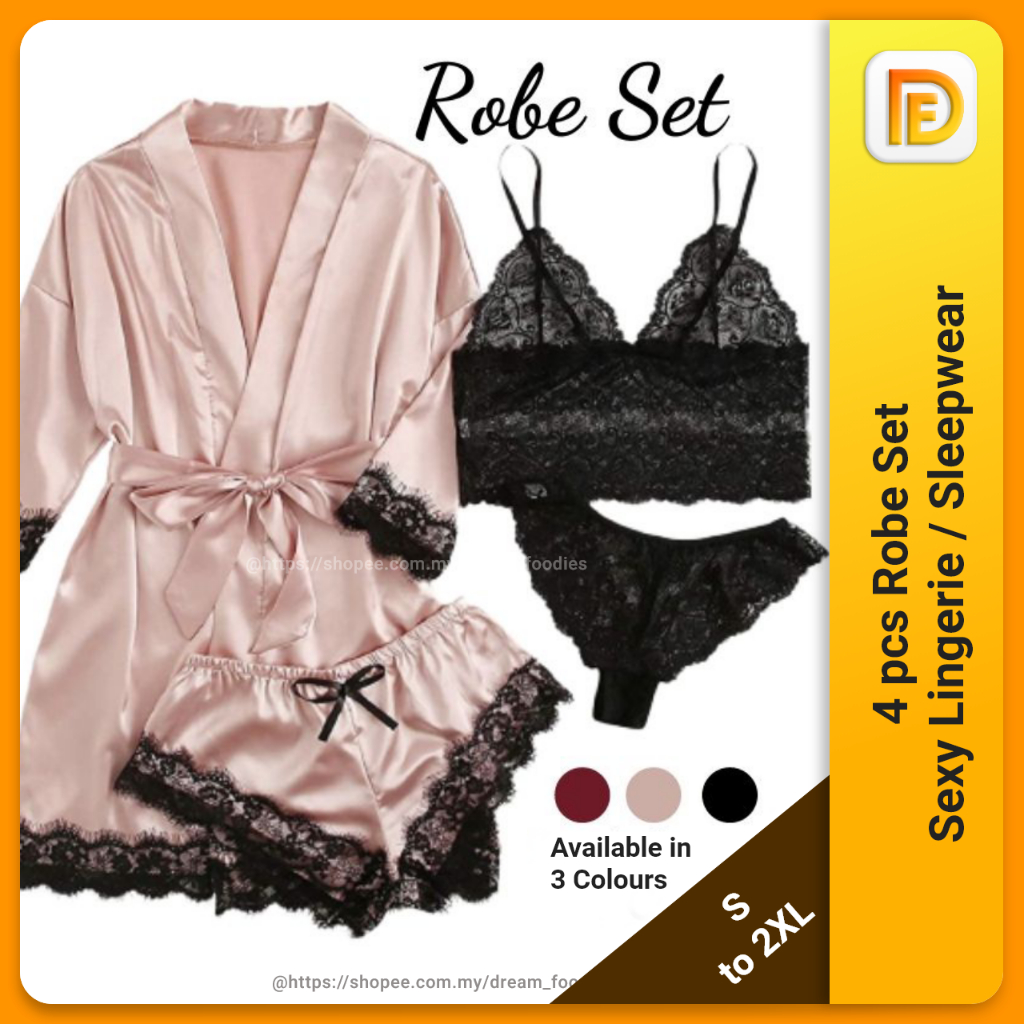 Lingerie Robe Set 4 Pcs Satin Camisole Set Sexy Lingerie Sexy Sleepwear Sleep Dress Baju Tidur Wanita S-2XL 睡袍吊带套装
