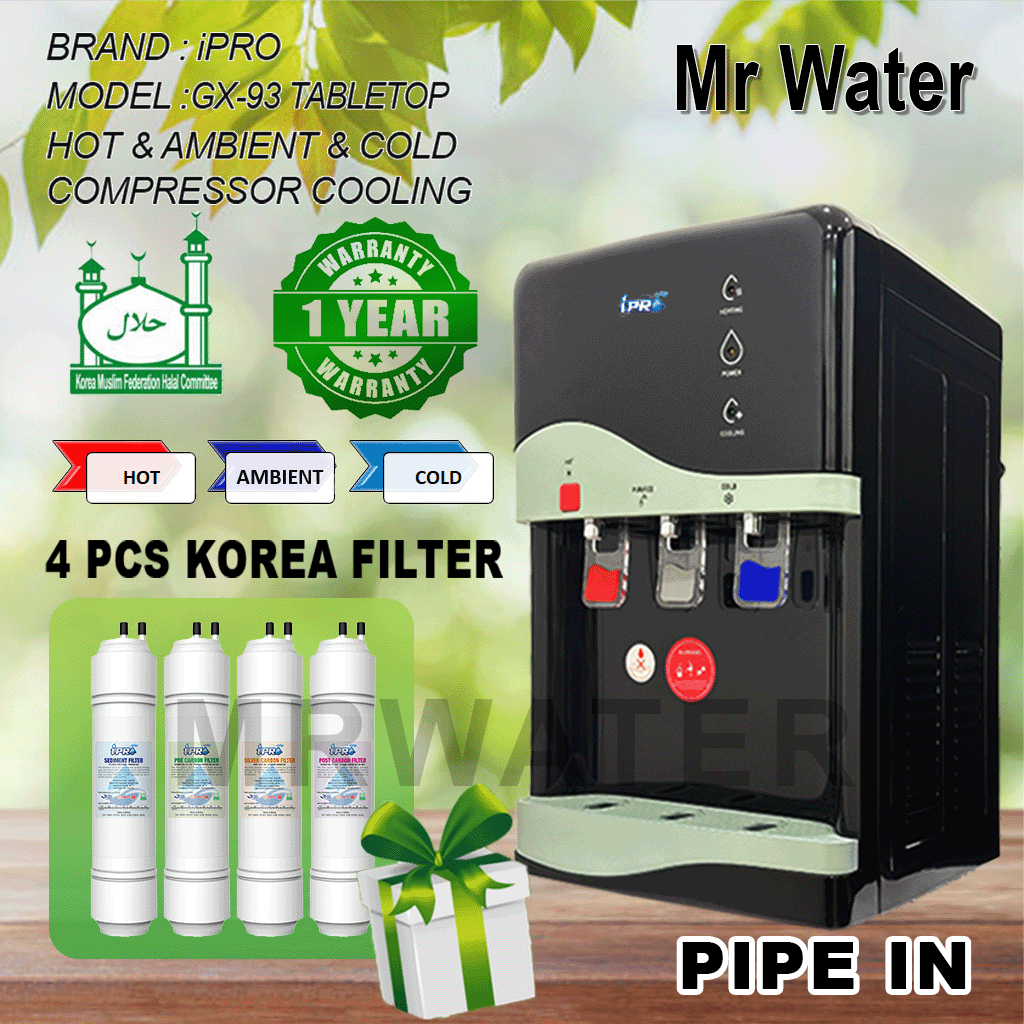 PENAPIS AIR 3 SUHU GX-93TB Hot & Warm & Cool Alkaline Pipe-In 4pcs Korea Halal Filter Water Dispenser Compressor cooling