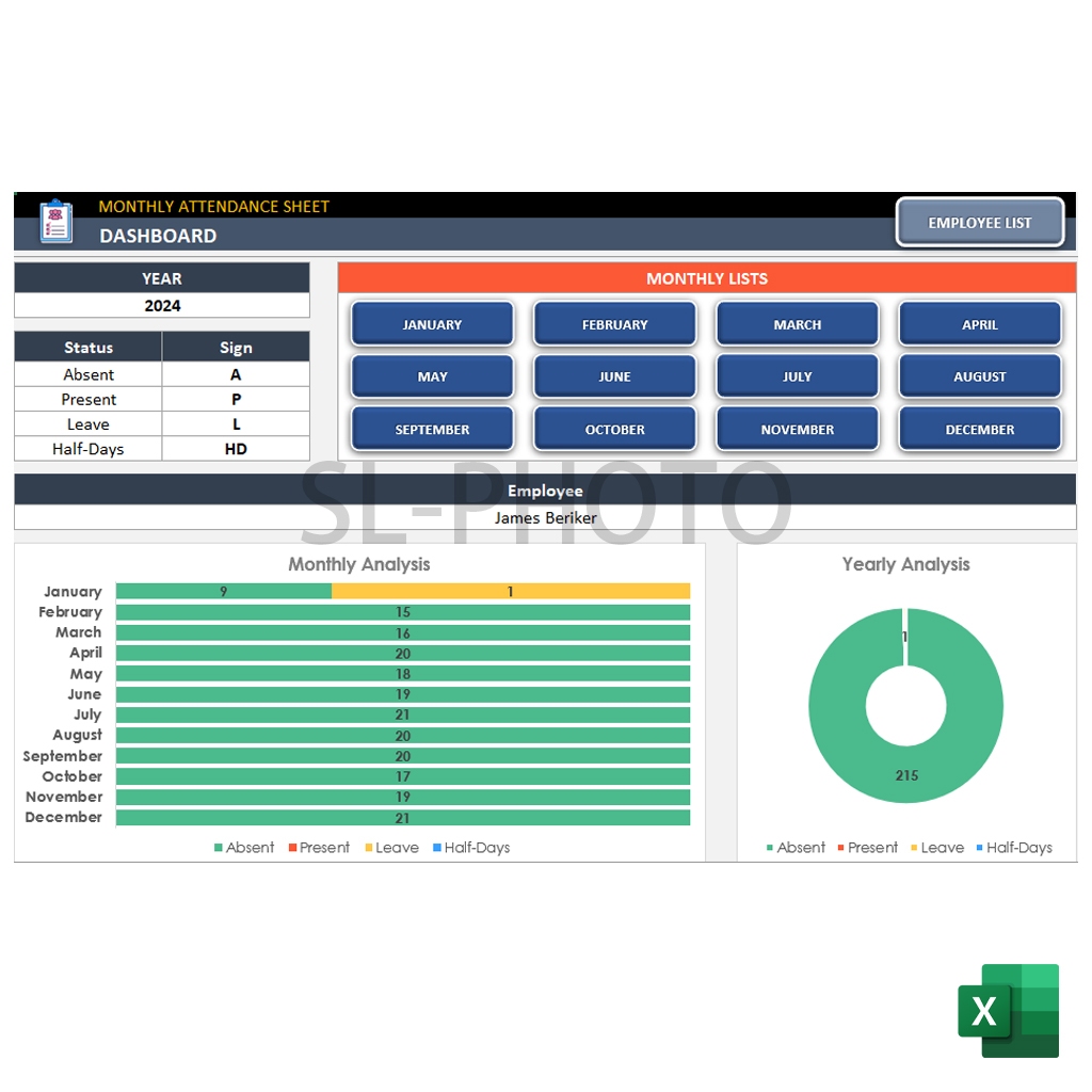 Auto Employee Simple Monthly Attendance Manager Full Edition Excel / NOT SUPPORT PHONE & TAB !!!