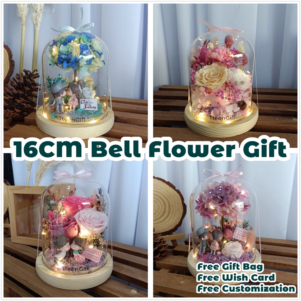 TTEEN GIFT 12x16CM Bell Roses Flower Glass Anniversary Birthday Valentine Girl Friend Gift永生花生日玻璃罩礼品
