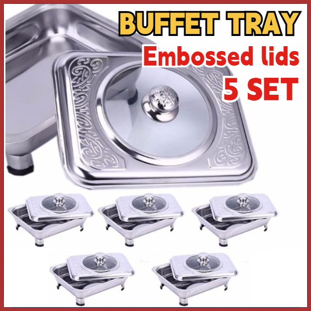 5 PCS Buffet Tray Embossed Lid Food Tray Stainless Steel 304 Buffet Set Food Pan Warmer