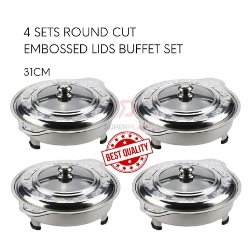 4 Sets 31cm Round Embossed Lids Stainless Steel Buffet Set Catering Serving Tray Food Pan