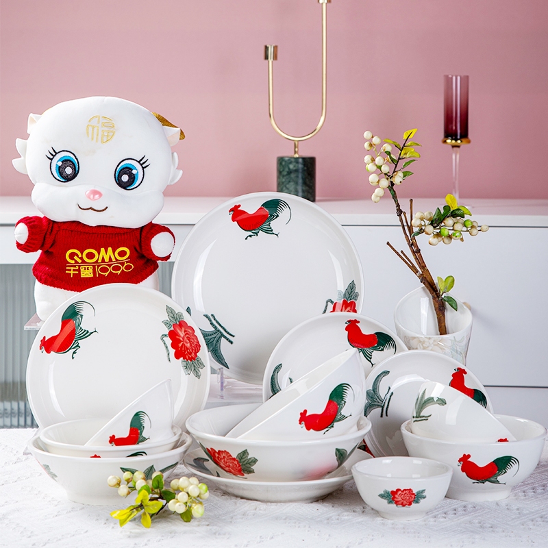 QOMO Rooster Seramik Pinggan Mangkuk Ceramic Bowls and Plates Set Rice Bowls Fruit Plate Dessert Plate