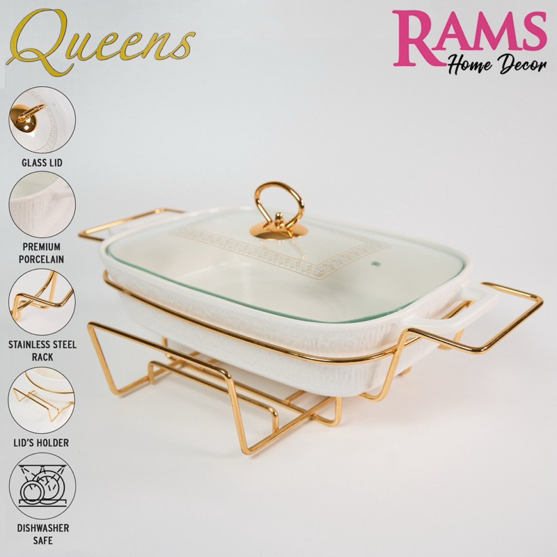 Queens 1.3L Premium Porcelain Embossed Chafing Dish with Metal Rack and Glass Lid / Food Warmer Gold / Ramadhan Buffet