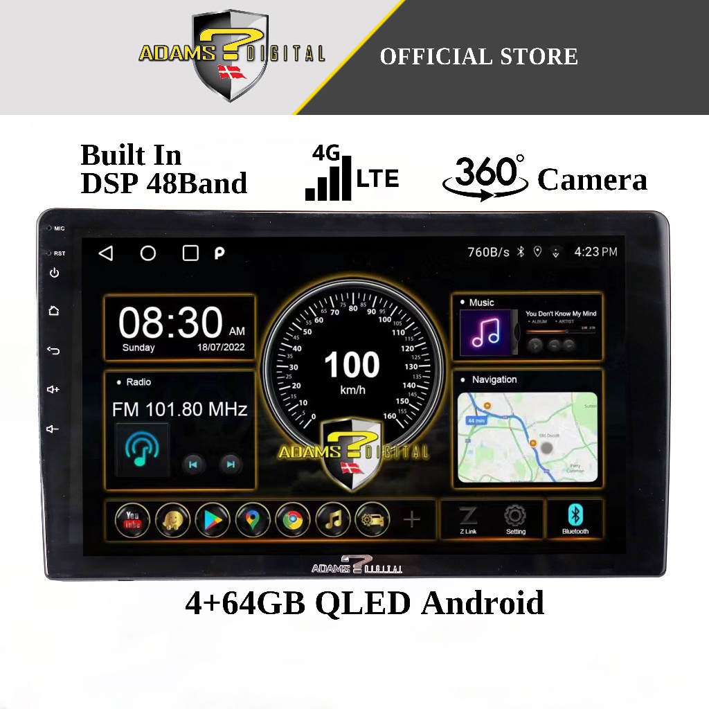 【Promotion Sale】Adams Digital QLED Android Player 4+64GB Built in DSP 48 Band 4G 360 Camera Car
