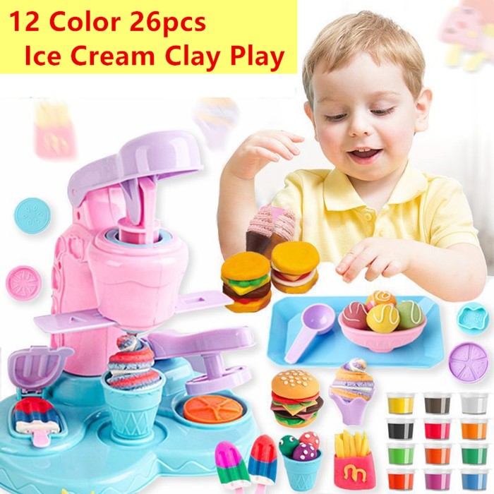 12 Colour Clay Play 26pcs Macaron Color Kids Pretend Play Ice Cream Maker Burger Noodle Plasticine Toy Clay Masak Masak