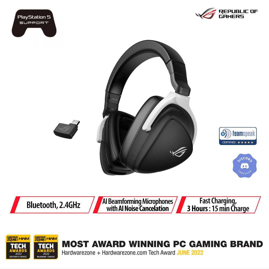 ROG Delta S Wireless Lightweight wireless gaming headset with 2.4 GHz and Bluetooth connectivity, 50 mm ASUS Essence