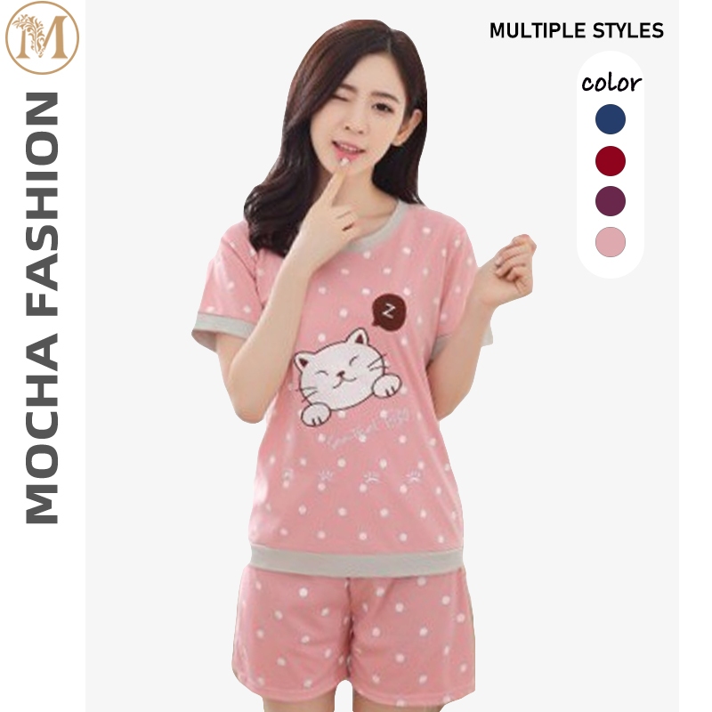MOCHA Pajamas Set Lady Short Sleeve Cute Sleepwear Nightwear Baju Tidur Silk Licin ST326