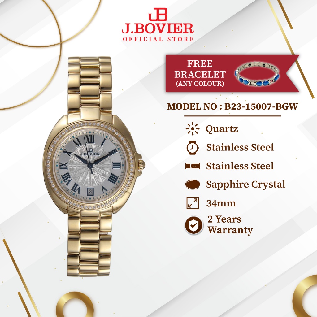 [2 Years Warranty] J.Bovier Diamond Quartz Women Watch Jam Tangan Wanita  B23-15007-BGW