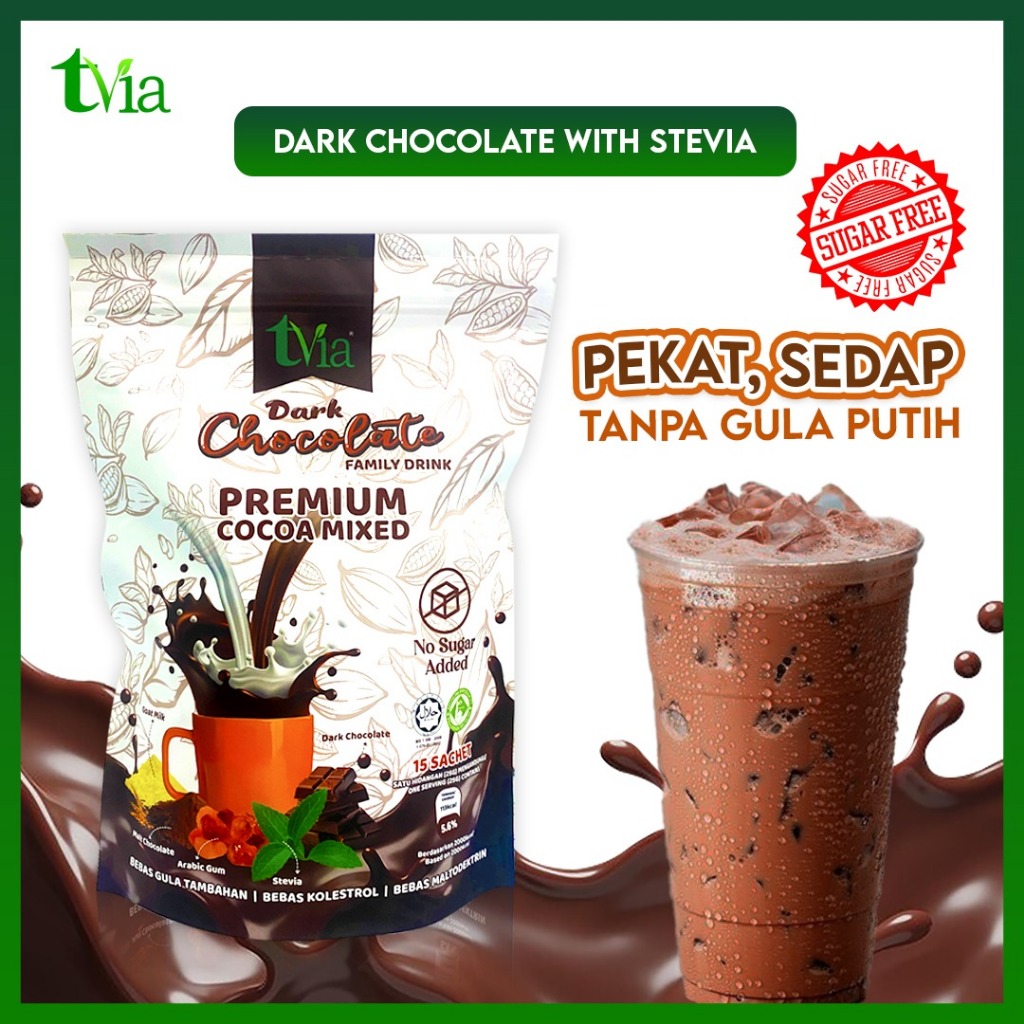 Dark Chocolate Drink by tvia (15 Sachets) | Sugar Free | 0 Calorie | Stevia | Serbuk Susu Coklat | Keto Diet |