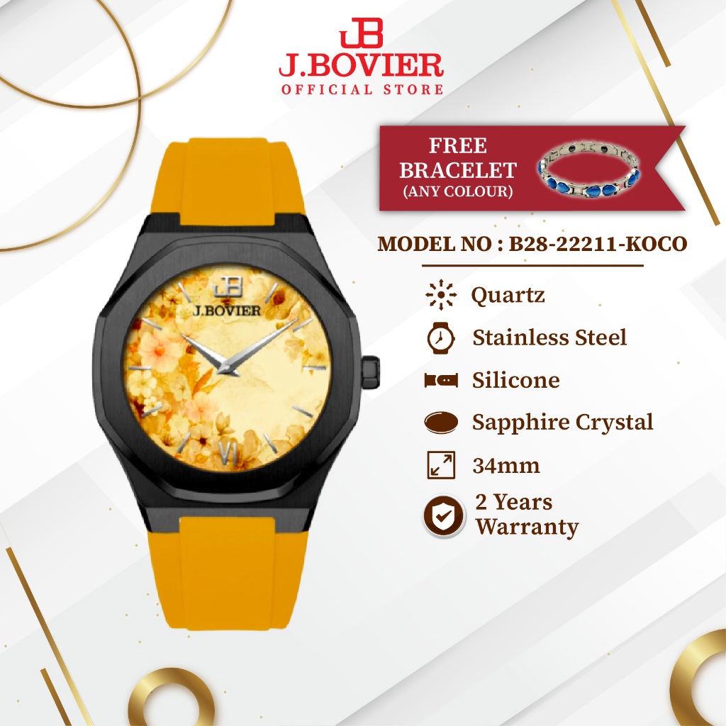 [2 Years Warranty] J.BOVIER Flower Silicone & Leather Strap Quartz Swiss Women Watch Jam Tangan Wanita B28-22211-KOCO