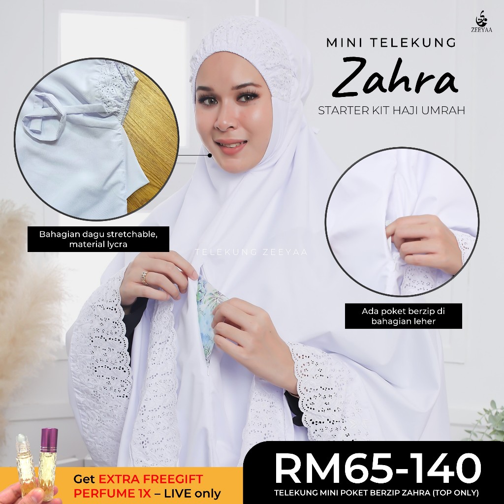 ZEEYAA Starter Kit Mini Telekung Umrah Berpoket Set Umrah Wanita Mini Telekung Cotton Barang Umrah Perempuan Travel Set