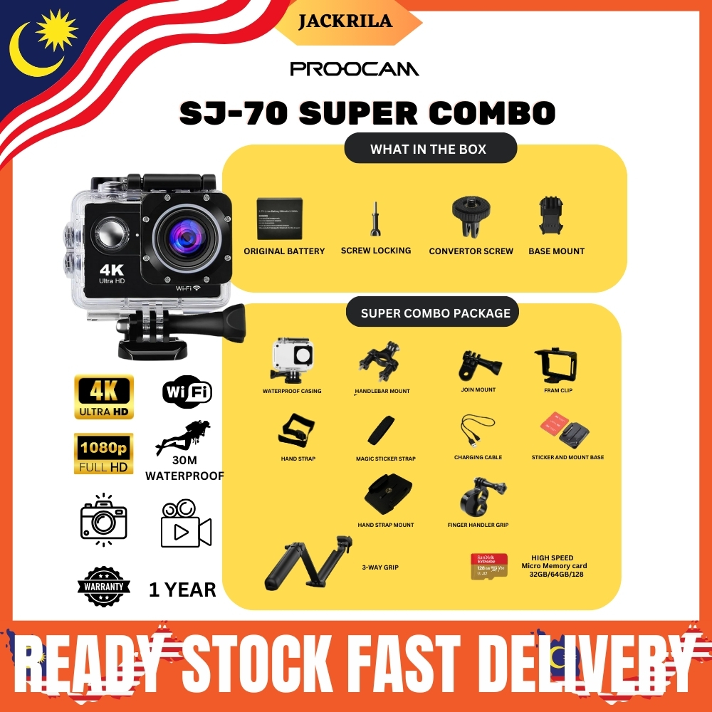 READY STOCK JACKRILA 4K Action Camera Ultra WiFi HD 2.0" 12MP Underwater 30m Waterproof Case Sport Cycling SJ70 B