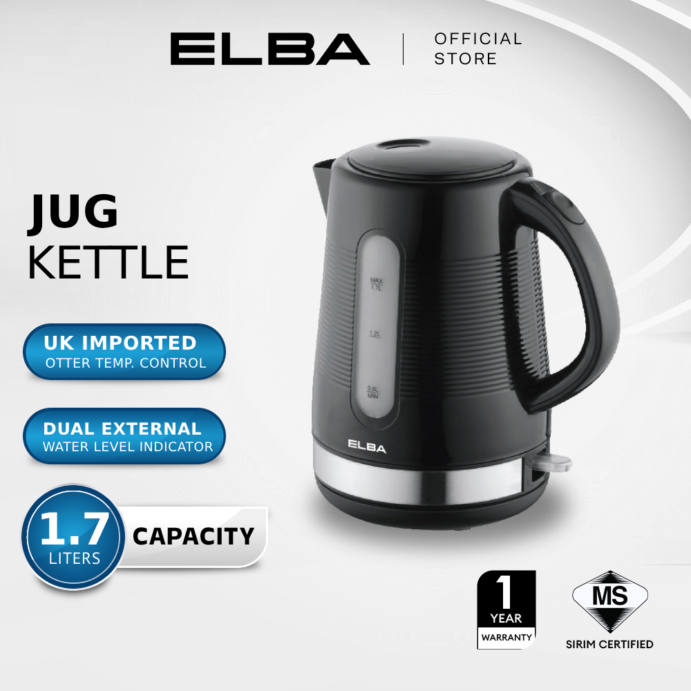 ELBA Jug Kettle EJK-J1734(BK) - UK Imported Otter Temperature Controller For Extra Safety - Black (1.7L)