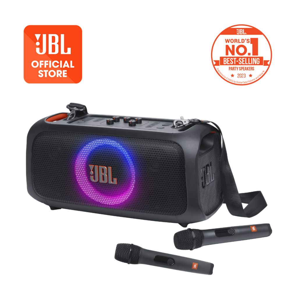 JBL PARTYBOX ON-THE-GO Essential Portable party speaker with built-in lights and 2x Wireless Microphone