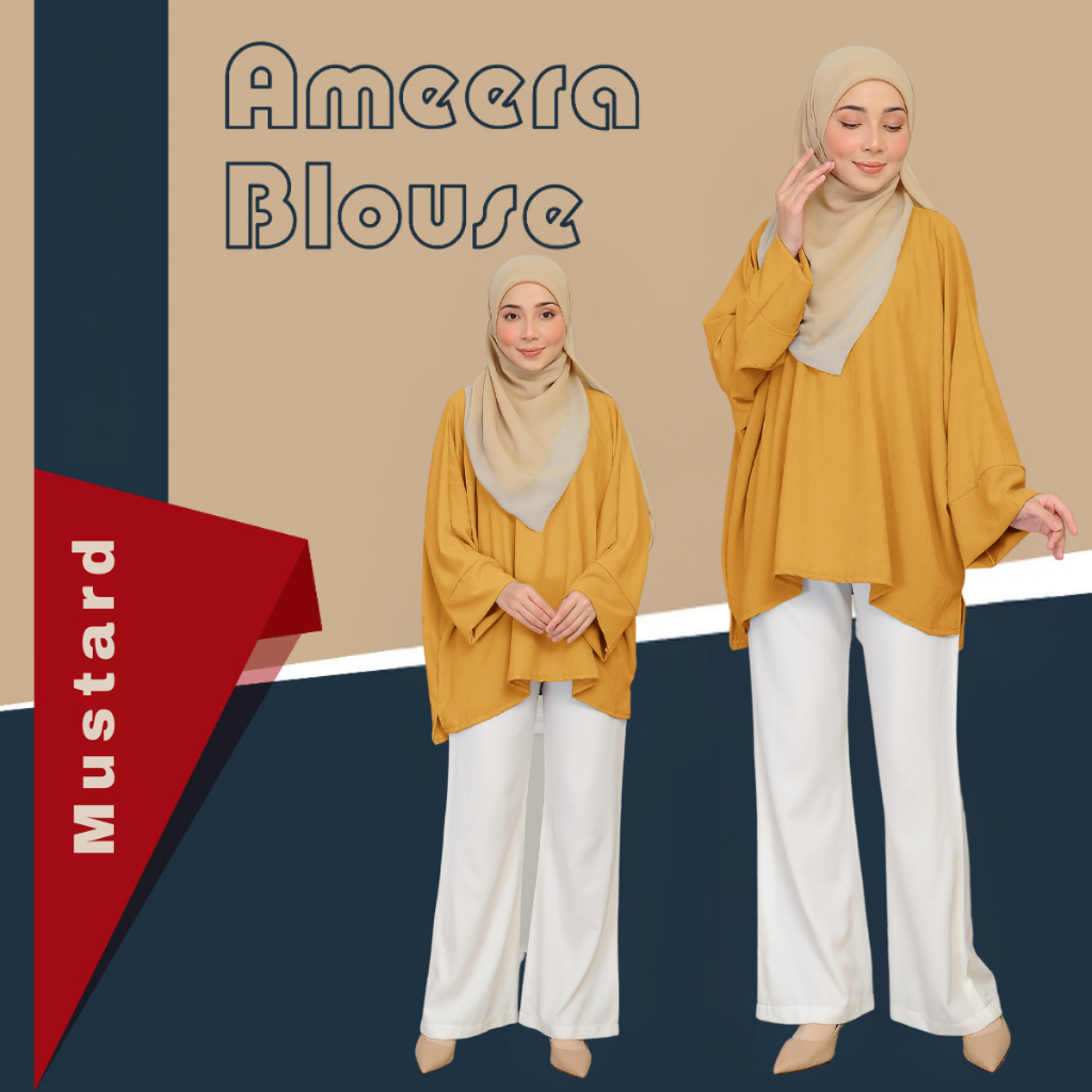 Blouse Ameera Baggy Blouse Wanita Korea CEY CREPE Lengan Penuh Warna Padu Blouse Saiz Besar