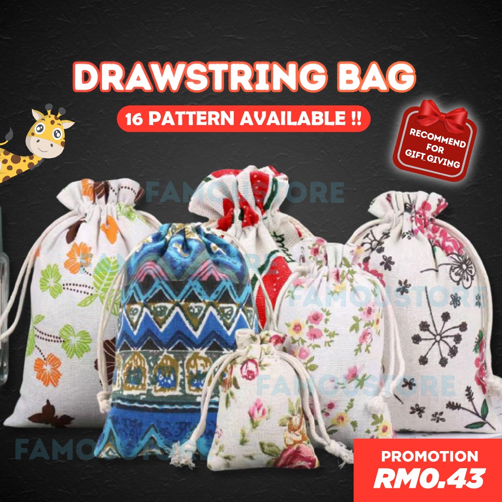 Beg Cotton Drawstring Beg Guni Uncang Emas Art Style Pouch Bag Jewellery Bag Gift Bag Linen Burlap Bag 收納袋 麻布袋