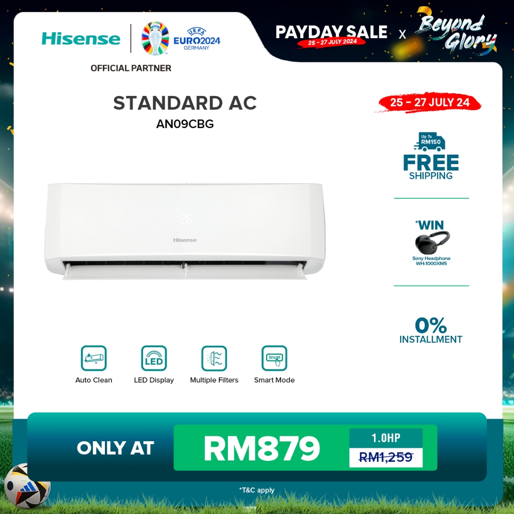 [FREE Shipping] Hisense Non-Inverter Air Conditioner (1.0HP/R32) AN09CBG / 5 STAR Inverter Air Con(1.0HP/R32) AI10TUGS