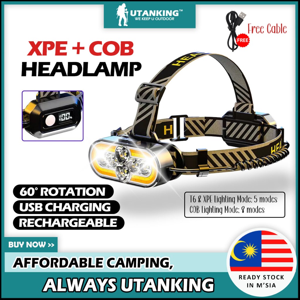 UtanKing™ Rechargeable Head Lamp Camping Hiking Emergency Headlight LED Torch Light Lampu Kepala