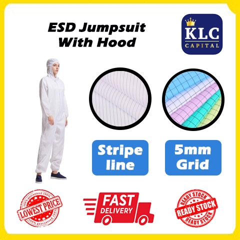ESD Jumpsuit with Hood White Stripe Line and White + Blue 5mm Grid Cleanroom Jumpsuit KLC CAPITAL