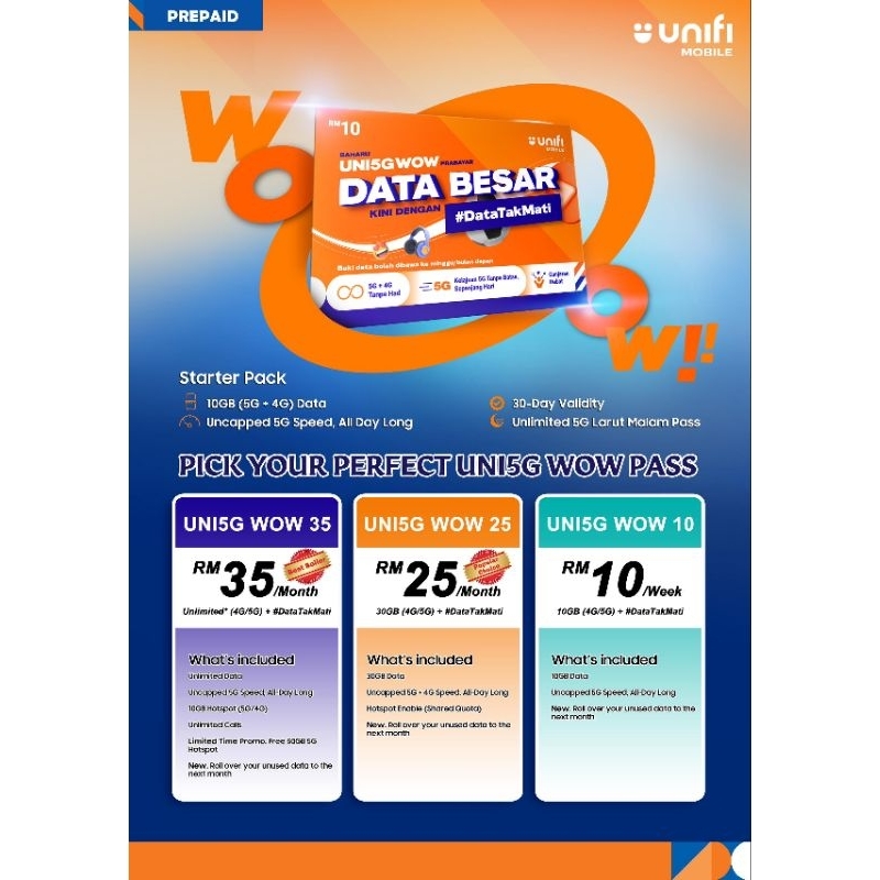 Unifi Mobile Prepaid DATA Tak Mati,SIM+Unlimited 4G/5G Unlimited Calls to all network SATU BULAN 30DAY,