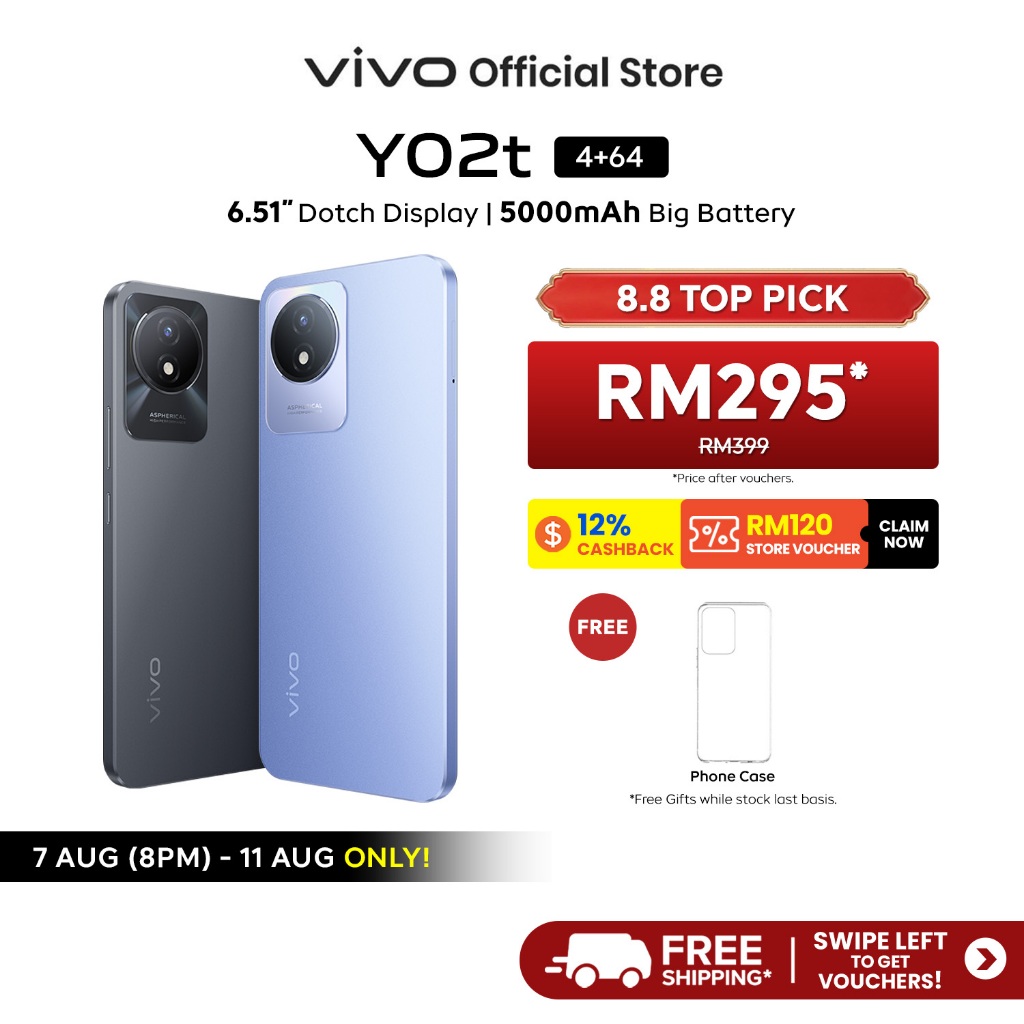 New Arrival vivo Y02T 4+4GB EXTENDED RAM + 64GB/128GB ROM 5000mAh Large Battery 6.51″ HD+ Eye Protection Screen
