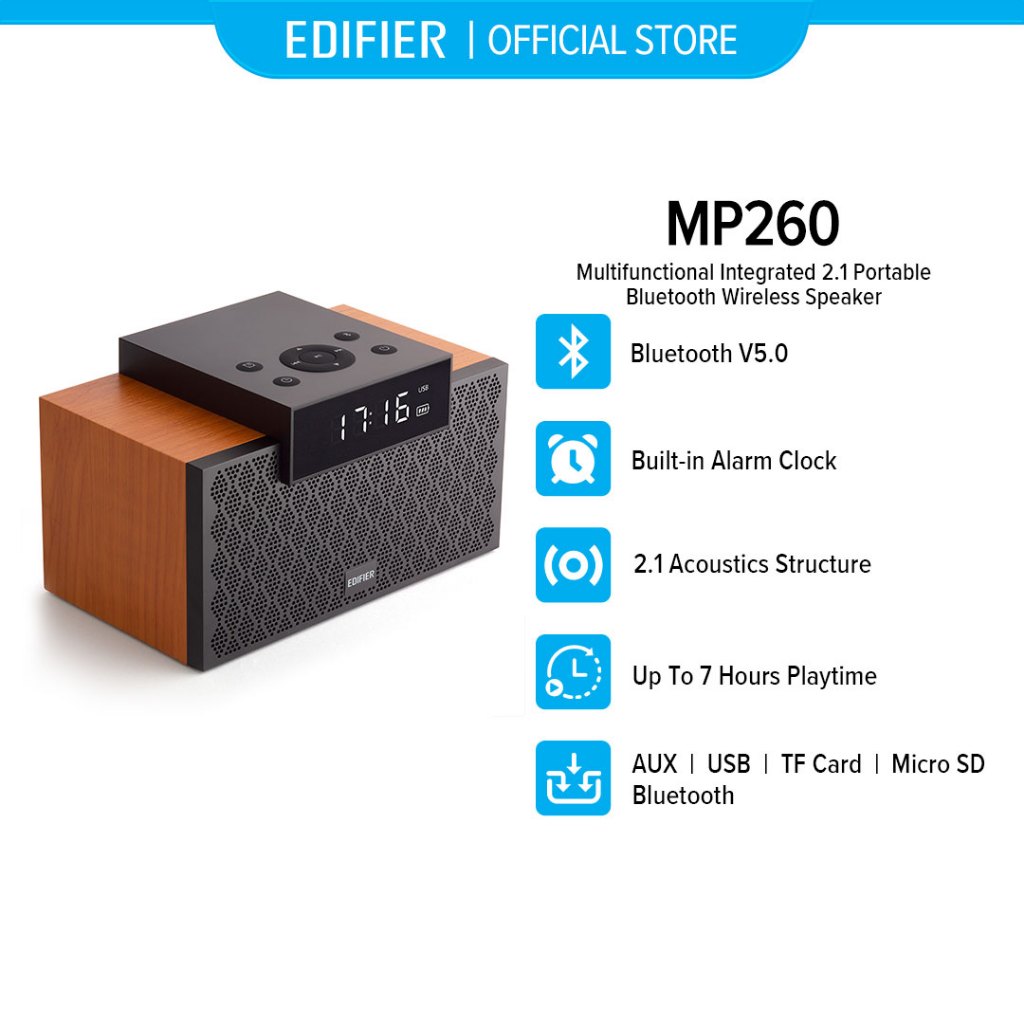 Edifier MP260 Portable Speaker - Bluetooth V5.0 | Built-in Clock | Alarm Function | Wooden Enclosure | 2.1 Channel