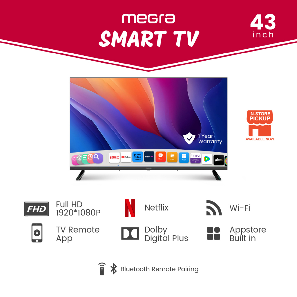 Megra TV 43 Inch Smart TV Bezel-less TV Netflix Certified / 43 Inch Digital TV FHD Television LED Full-HD TV