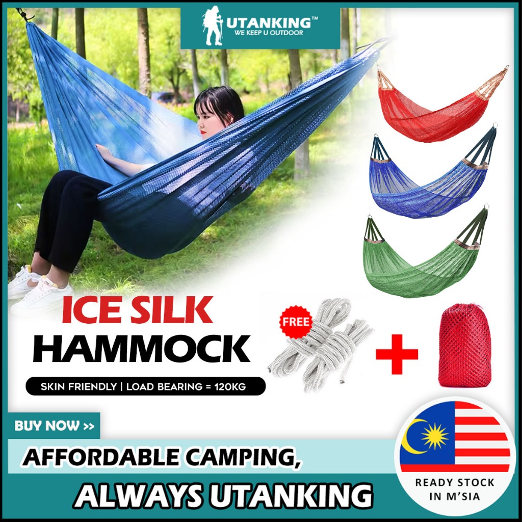 UtanKing™ Hanging Hammock Ice Silk Mesh Camping Nylon Net Tree Swing Beach Bed Endui Buaian Gantung