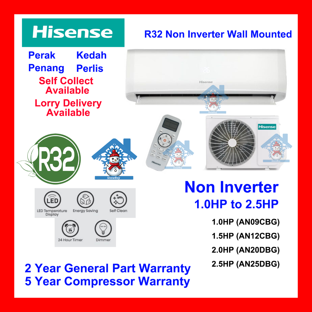 Hisense Non Inverter Air Conditioner 1.0HP 1.5HP 2.0HP 2.5HP R32 AN09CBG AN12CBG AN20DBG AN25DBG Aircond Air Cond Murah
